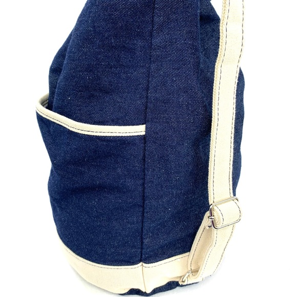 Unbranded Blue Denim Unisex Medium Backpack Cream Straps Trim Zip Pouch Included - Picture 5 of 9